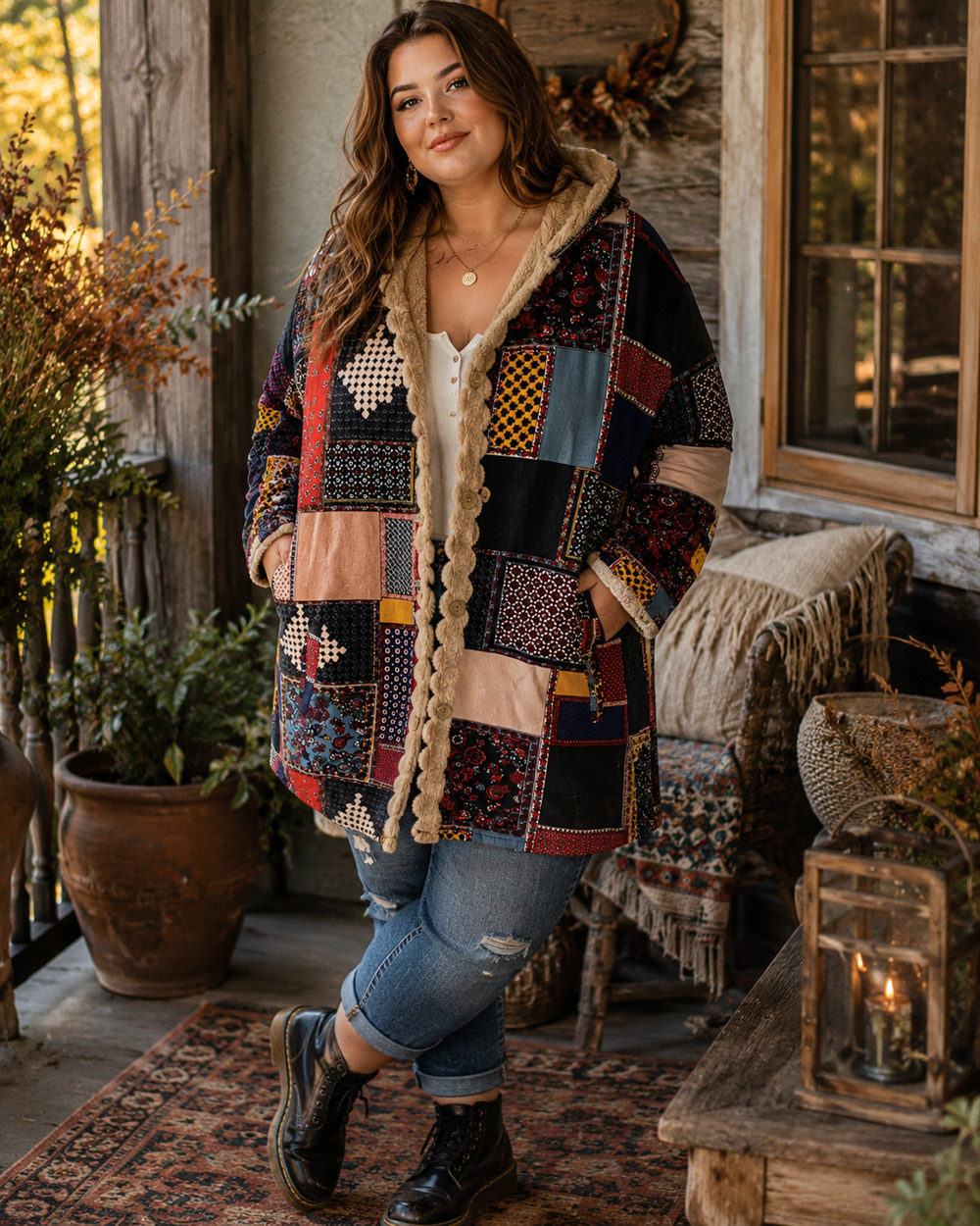 Eclectic Patchwork Print Fleece Lined Hooded Jacket Boho Cottagecore Plus Sz 3X